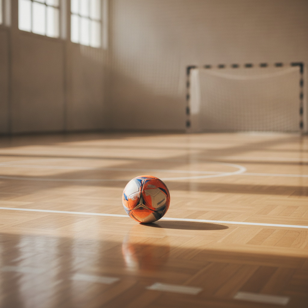 Un ballon de futsal posé sur le parquet d'un gymnase, avec un but en arrière-plan