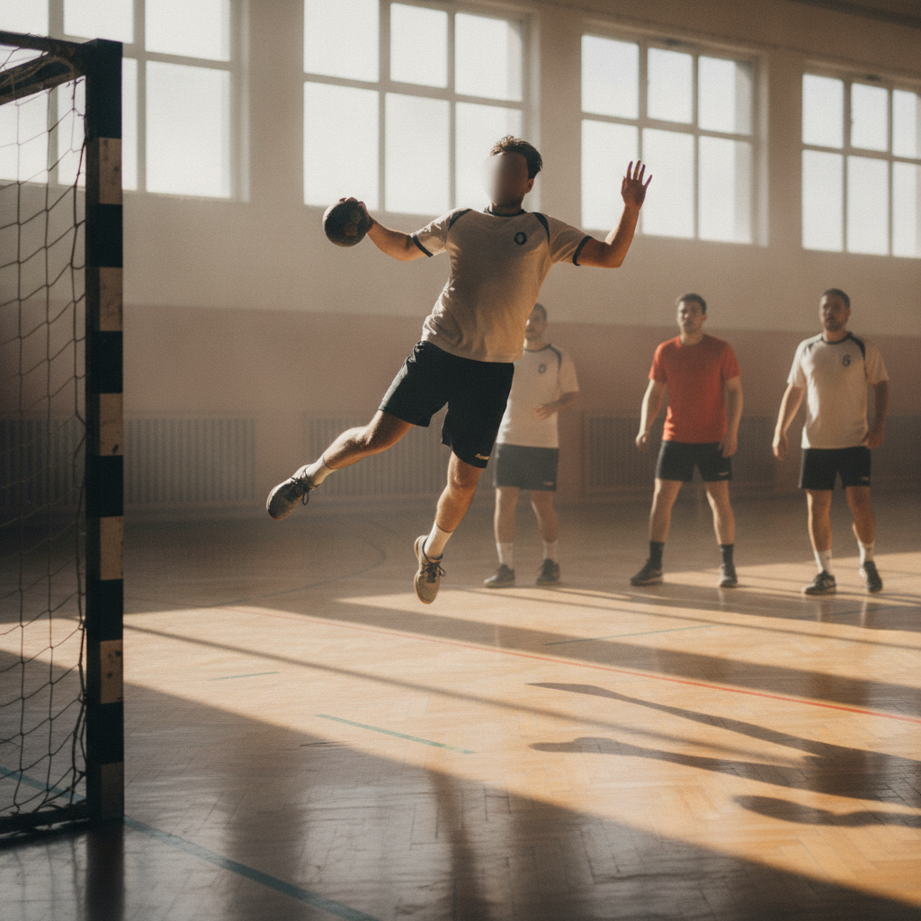Un joueur saute pour tirer au but lors d'un match de handball dans un gymnase