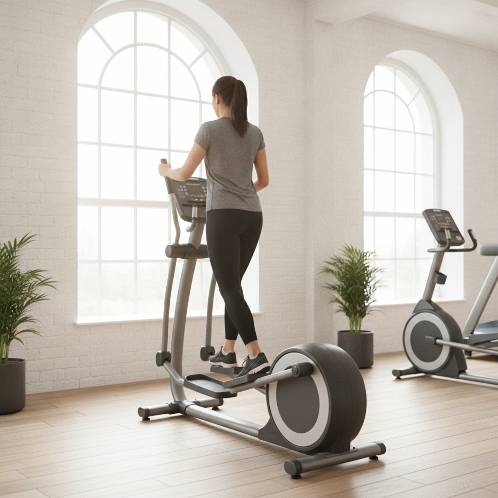 Une personne s'entraîne sur un vélo elliptique dans une salle de sport lumineuse