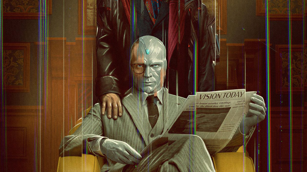 Affiche officielle de la serie VisionQuest : Vision en costume lisant un journal, Ultron derriere lui