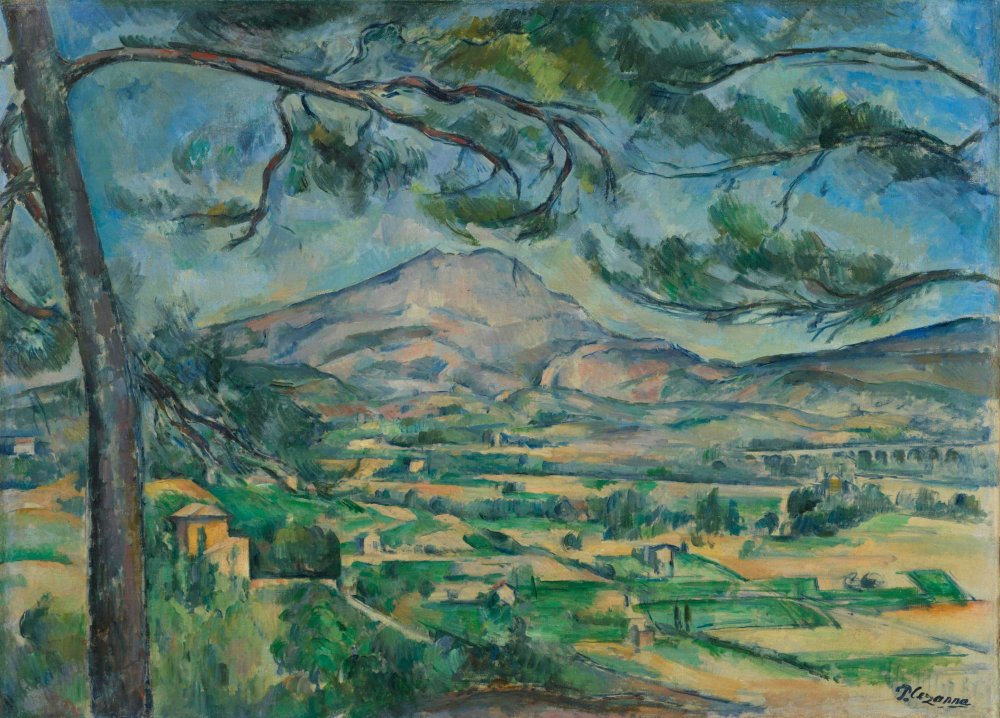 Peinture de Paul Cézanne montrant la montagne Sainte-Victoire vue à travers les branches d'un grand pin, visuel de l'exposition Cézanne et nous au Grand Palais
